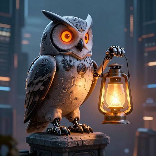 Cyberpunk Mechanical Owl with Lantern