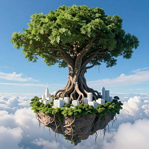 Digital art of a massive, rooted tree with sprawling branches, supporting a floating city of white buildings amidst fluffy clouds.