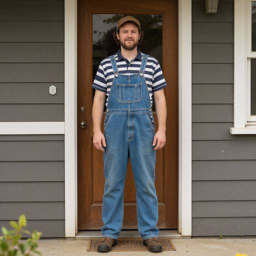 Man in Vintage Overalls by Door