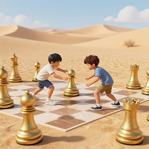 CGI image of two young boys playing a giant chess game in a desert with sand dunes and a clear blue sky.
