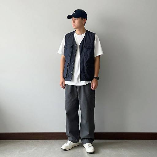 Photograph of a young Asian man in a white t-shirt, black vest, black pants, white sneakers, and black cap, standing against a plain