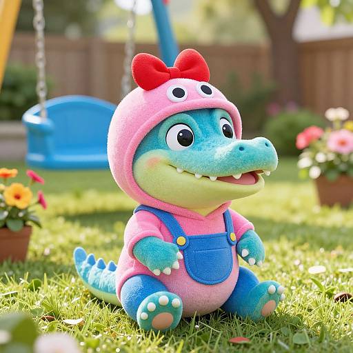 Cute CGI cartoon alligator in pink hood with red bow, blue overalls, sitting on grass in sunny backyard, blue swing in background.