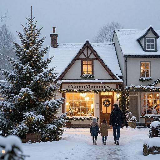 Photograph of a snowy, Christmas-decorated house with 