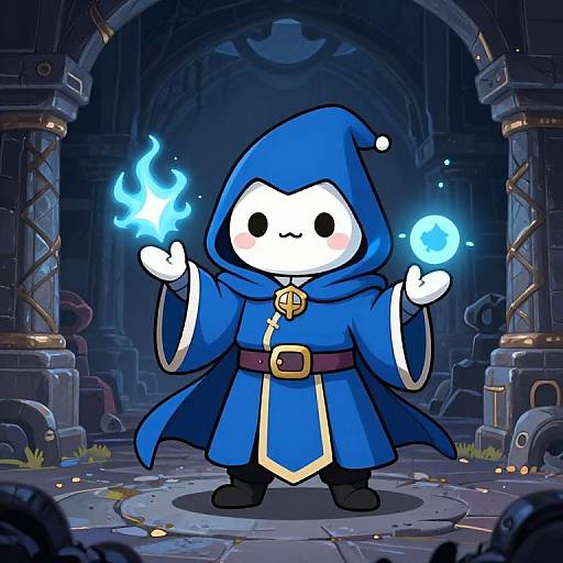 Chibi-style drawing of a cute, white-faced wizard in a blue hooded robe, casting blue magical flames in a dark, ruined archway.