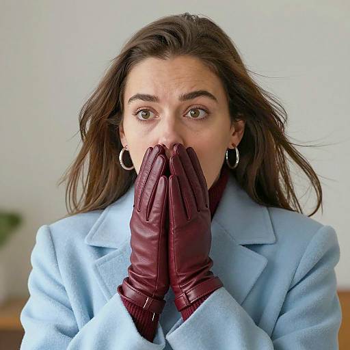 Shocked Woman in Light Blue Coat