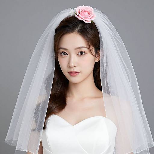 Photograph of an Asian woman with long dark hair, wearing a white strapless wedding dress and a white veil adorned with a pink rose, against a
