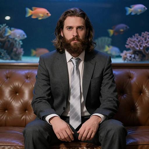 Bearded Man on Leather Couch with Aquarium