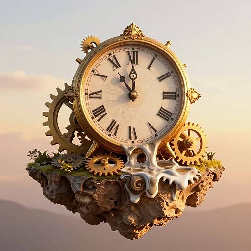 Photorealistic digital art of a steampunk clock with gears, Roman numerals, golden frame, dripping wax, floating above a rocky landscape.