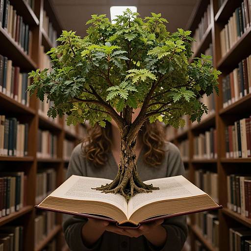 Photograph of a person with wavy brown hair, holding an open book with a magical, green-leaved tree growing from it, in a dim