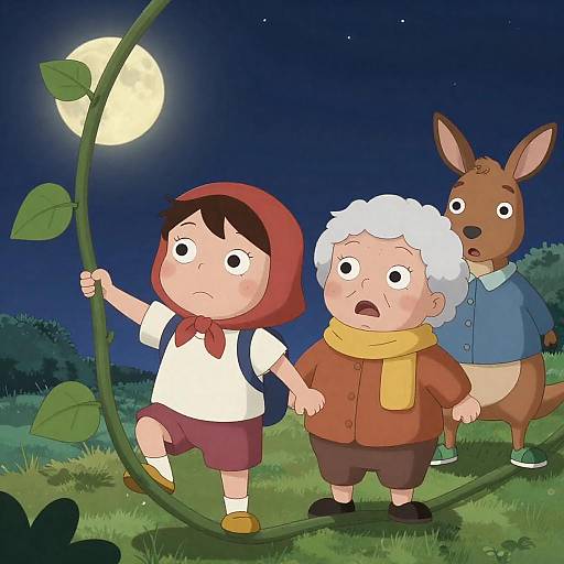 Three Adventurers Climbing a Night Vine