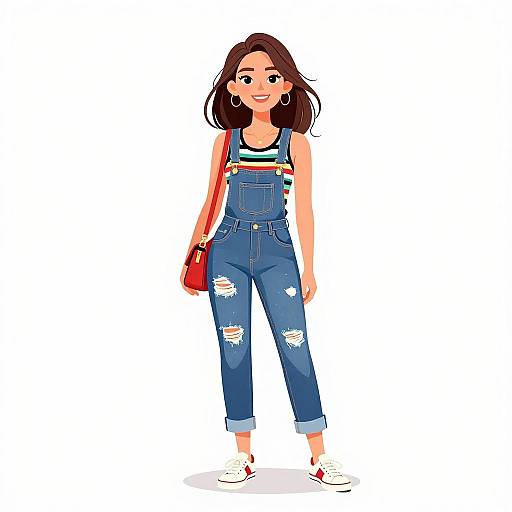 Digital illustration of a smiling young woman with brown hair, wearing blue ripped jeans, a striped tank top, white sneakers, and large hoop earrings, holding
