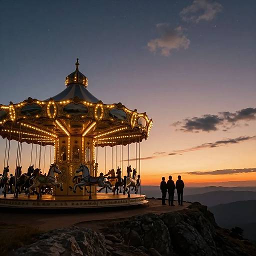 Photograph of a lit, vintage carousel at sunset on a rocky cliff, silhouetted figures around, colorful sky with orange and purple hues.