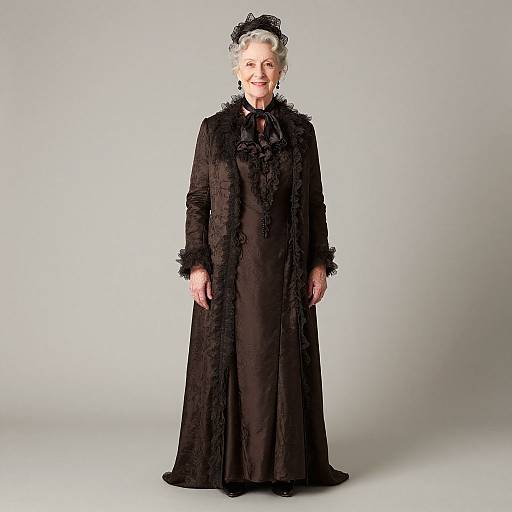Photograph of an elderly woman with white hair, wearing a long, black, Victorian-style dress with lace trim and a black lace headpiece, standing