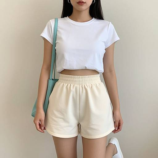 Photograph of an Asian woman with long black hair, wearing a white crop top, white high-waisted shorts, and a light blue crossbody