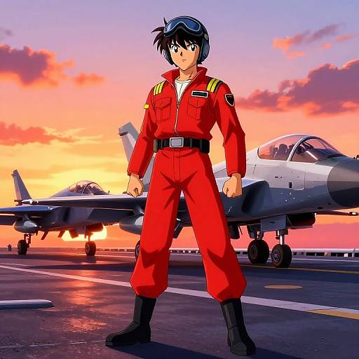 Anime-style drawing of a young male pilot in a red flight suit standing on an aircraft carrier at sunset, with a fighter jet behind him. Vibrant