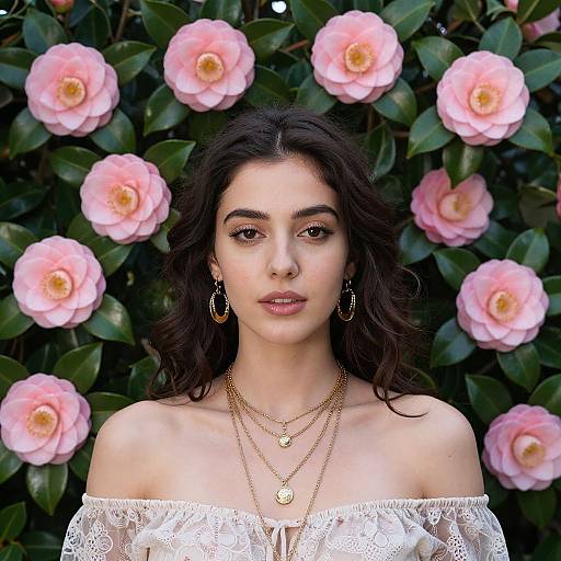 Photograph of a young woman with dark wavy hair, wearing gold jewelry and an off-shoulder white lace top, standing in front of a