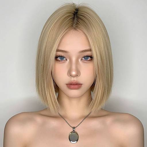Digital CGI portrait of a young woman with blonde bob haircut, blue eyes, fair skin, nude shoulders, wearing a silver necklace with a round pendant,