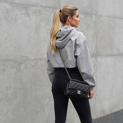 Blonde Woman with Chanel Purse Against Concrete Wall