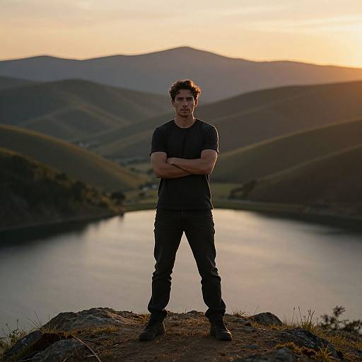 Photograph of a young man with short, curly brown hair, wearing a black t-shirt and pants, standing with arms crossed on a rocky hilltop
