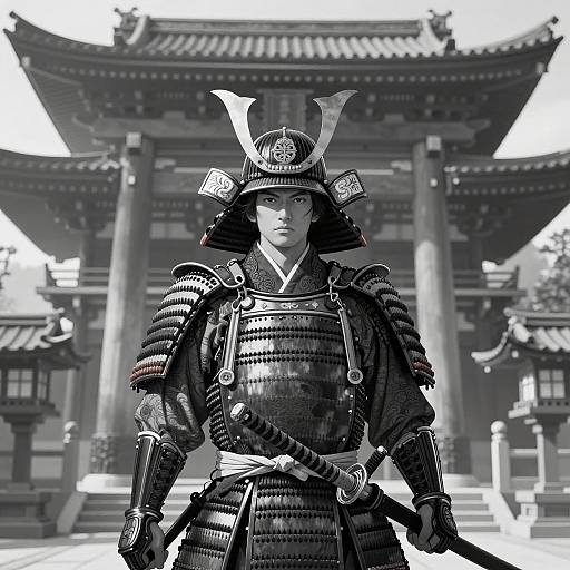 Monochrome Samurai Warrior at Temple