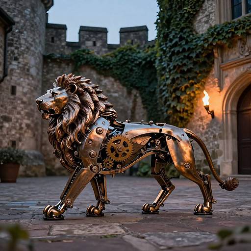 Photograph of a metallic, gear-driven lion statue with a shining, silver coat and mane, set in a medieval stone courtyard with ivy-covered walls
