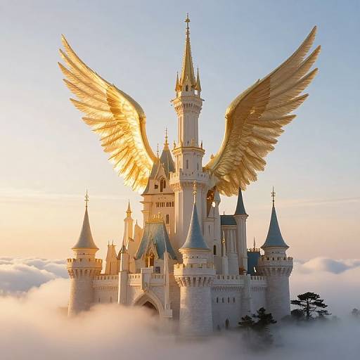 Photograph of a golden-winged, fairy-tale castle with multiple spires, bathed in sunset light, floating amidst clouds and surrounded by a