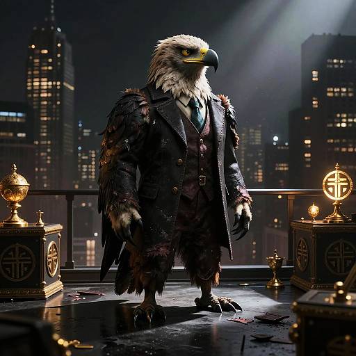 Digital art of a muscular, anthropomorphic bald eagle in dark, tattered fur and leather, standing on a rooftop at night, surrounded by glowing golden