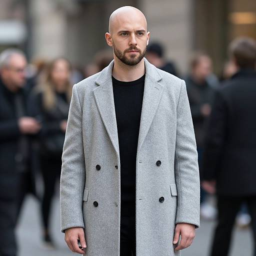 Photograph of a bald, bearded man in a light gray double-breasted coat, black shirt, standing in a blurred urban street crowd.