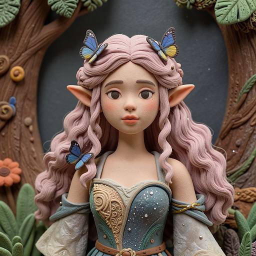 Digital artwork of a cute, fantasy elf girl with pink wavy hair, blue butterflies, pointed ears, and ornate green-blue armor, set against