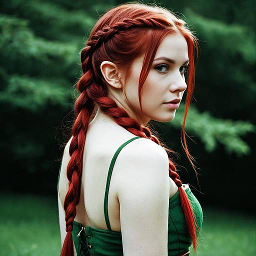 Elf Cosplay Woman with Red Twin Braids