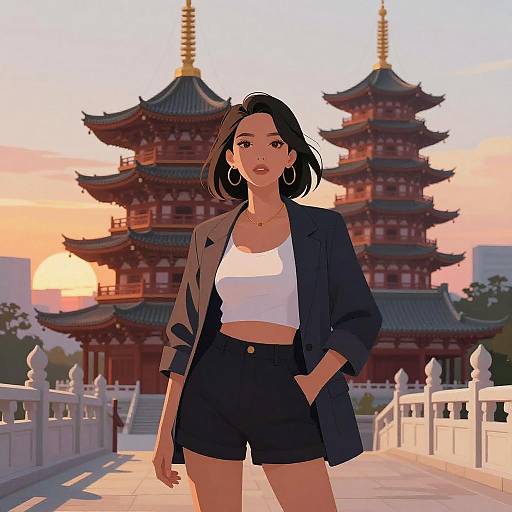 Confident Woman at Pagoda Sunset