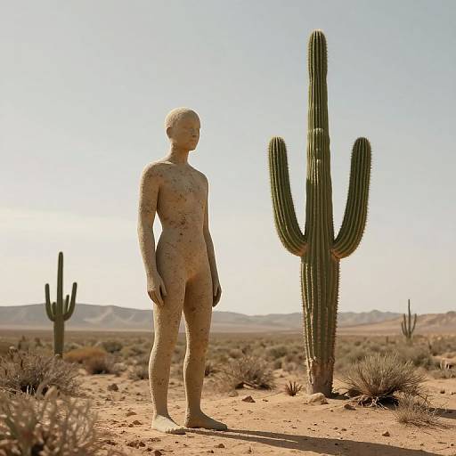 Photograph of a life-sized, textured, beige statue of a nude human standing in a desert with a tall saguaro cactus. Sunlit