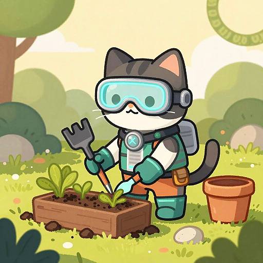 Cute cartoon cat in green gardening suit with blue goggles, planting in wooden box, next to orange pot, sunny garden background.