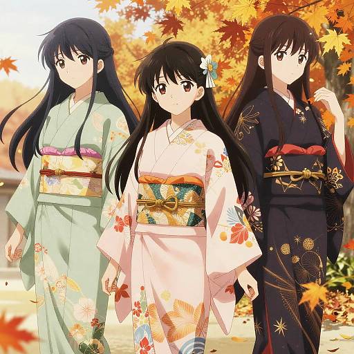 Elegant Anime Girls in Autumn Kimonos