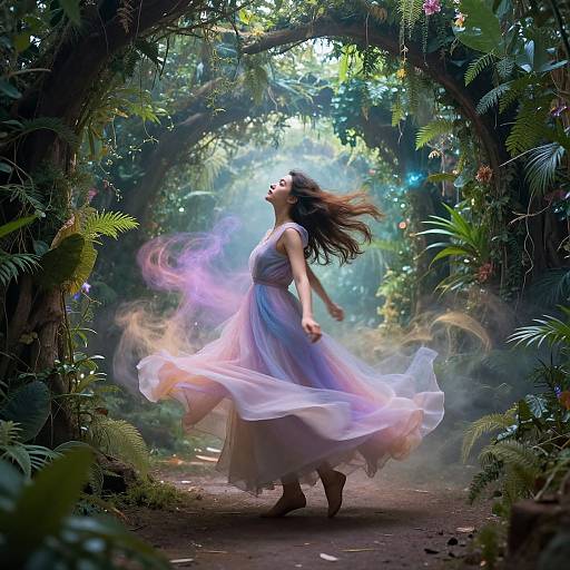Digital painting of a woman in a flowing white dress dancing in a mystical, lush forest, with ethereal pink and purple smoke swirling around her. Sun