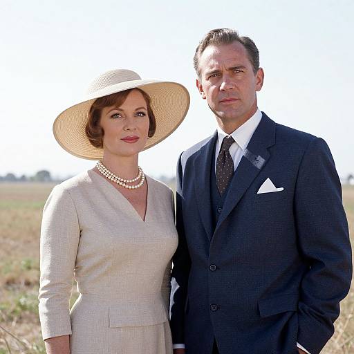 Photograph of a couple standing outdoors; woman in beige suit and large hat, pearl necklace, man in dark suit, white shirt, black tie.