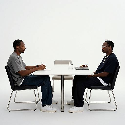 Photograph of two African American men, one in gray t-shirt and jeans, the other in black suit and glasses, seated opposite each other at a