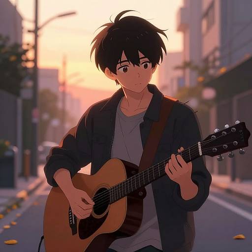 Anime-style digital drawing of a young man with black hair playing an acoustic guitar on a city street at sunset.
