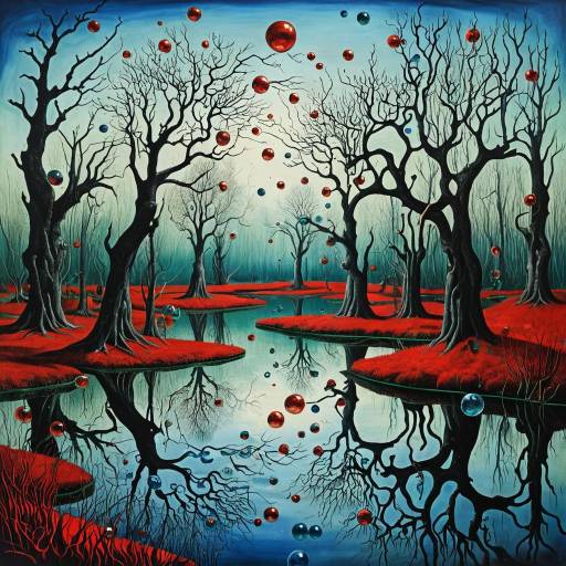 Surreal Wetland with Floating Bubbles and Mystical Trees