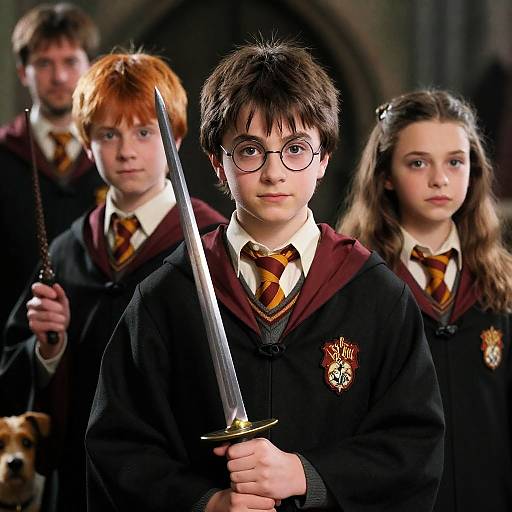 Three Hogwarts Students with Sword and Wand