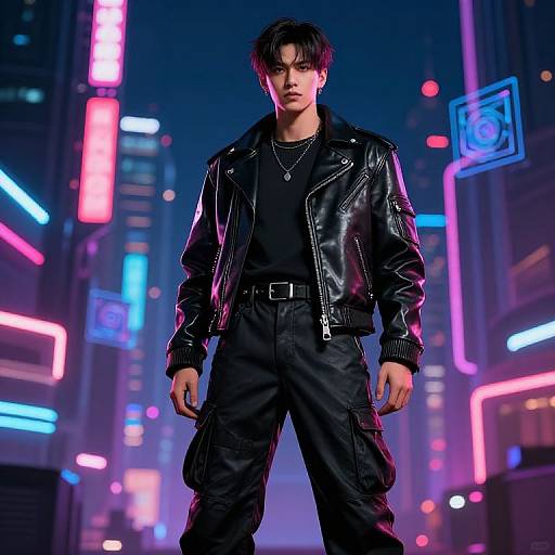 Photorealistic digital artwork of a serious, young Asian man in a black leather jacket and pants, standing in a neon-lit, futuristic cityscape