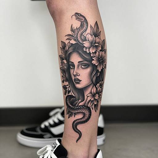 Intricate Black-and-Grey Leg Tattoo