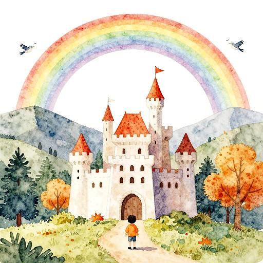 Watercolor painting of a fairytale castle with red roofs, surrounded by lush greenery and autumn trees, under a vibrant rainbow.