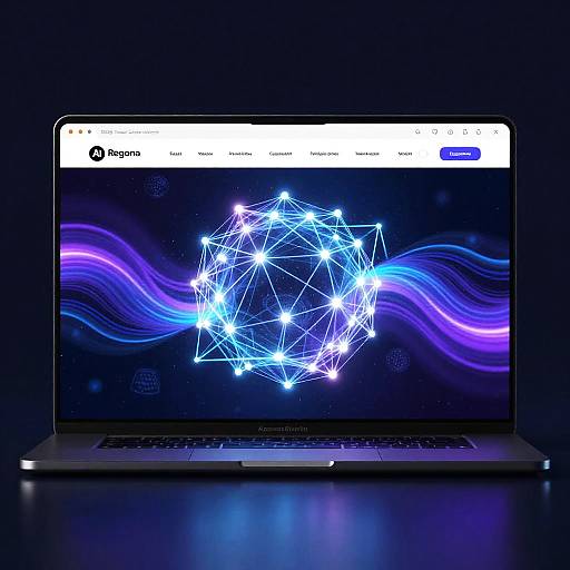 Photograph of a silver ASUS laptop on a dark surface, displaying a glowing blue geometric network on a purple and black wavy background against a dark blue