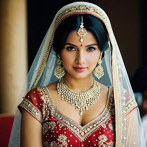 Indian Bride in Traditional Red Sari with Jewelry