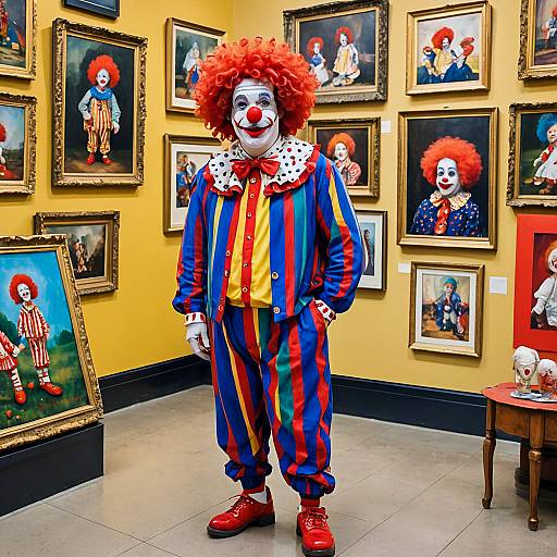 Clown in Colorful Costume in Art Gallery