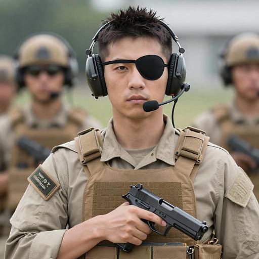 Soldier with Eye Patch and Tactical Headset Holding Pistol