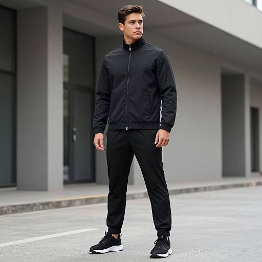 Photograph of a young, handsome man with short brown hair, wearing a black jacket, pants, and sneakers, standing on a city street.