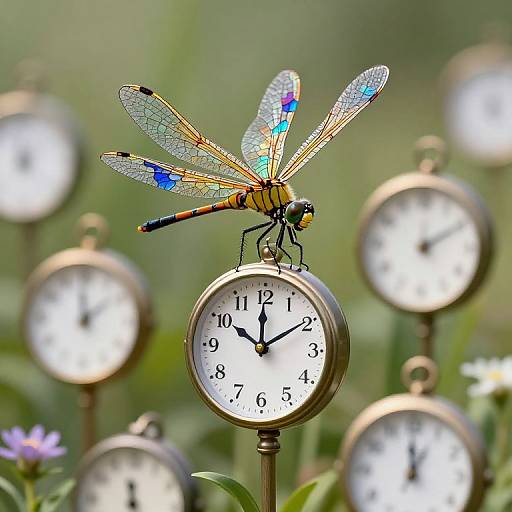 Photograph of a colorful dragonfly with iridescent wings perched on a brass clock, surrounded by blurred, similar clocks in a garden.