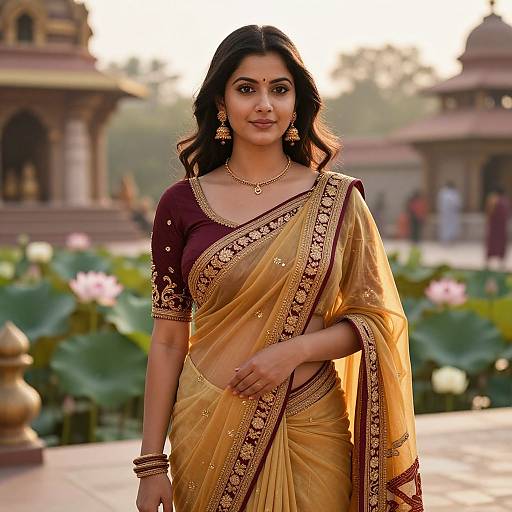 Photograph of a beautiful Indian woman with dark hair, wearing a gold and maroon saree, ornate jewelry, standing in a lush, sun